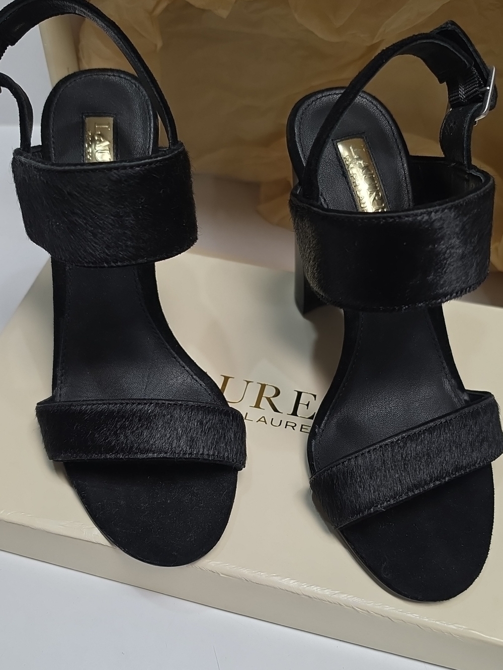 Lauren Ralph LaurenKacia Black Calf-Hair Open-Toe Block Heel Sandal - Size 6B